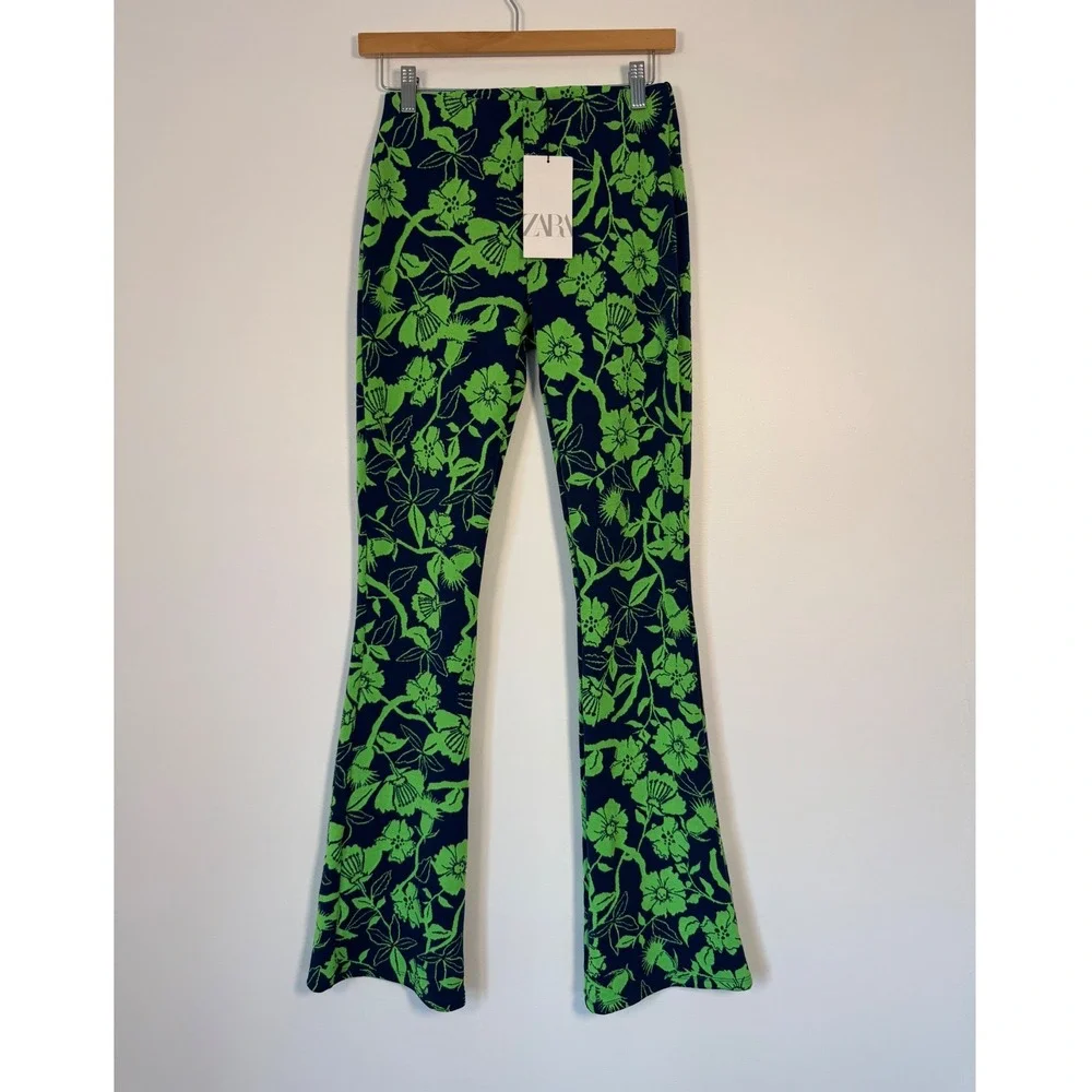 Retro Floral Zara Women Small Flare Pants Navy Lime Green‎ High Rise NWT